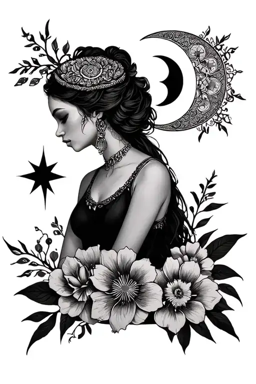 female woman with star and moon and flowers and mandala tattoo design idea