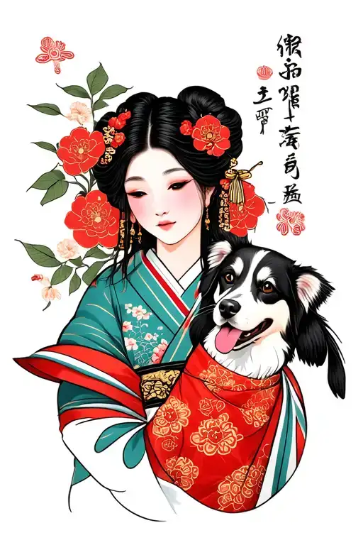 Japanese style sleeve with a portrait of a girl and dog. tattoo design idea