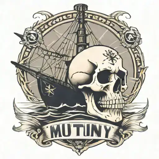 Container ship with a crane behind and a skull and anchor with the text Mutiny tattoo design idea