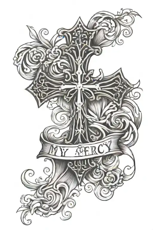 a gothic cross with an inscription above it that says "my mercy prevails over my wrath" tattoo design idea