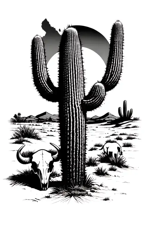 desert setting with large cactus in the foreground with a small bull skull next to it the sun is setting in the backgrou tattoo design idea