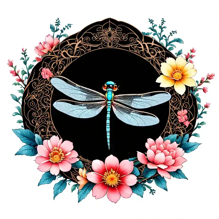 Dragonfly on Balinese mandala design extending into wreath of wild Alaskan flowers tattoo design idea