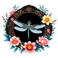 Dragonfly on Balinese mandala design extending into wreath of wild Alaskan flowers tattoo design idea