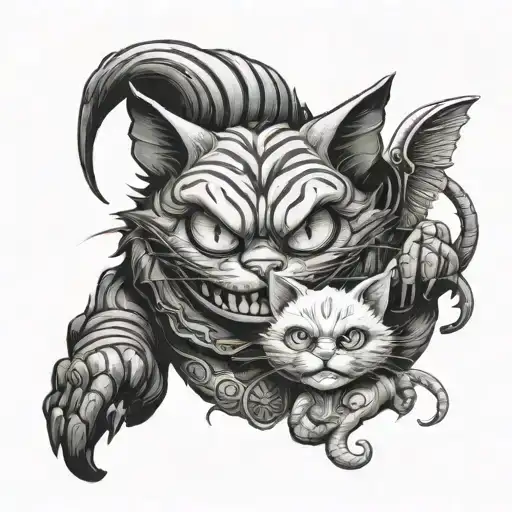 The Cheshire cat with angel and a demon holding tattoo design idea