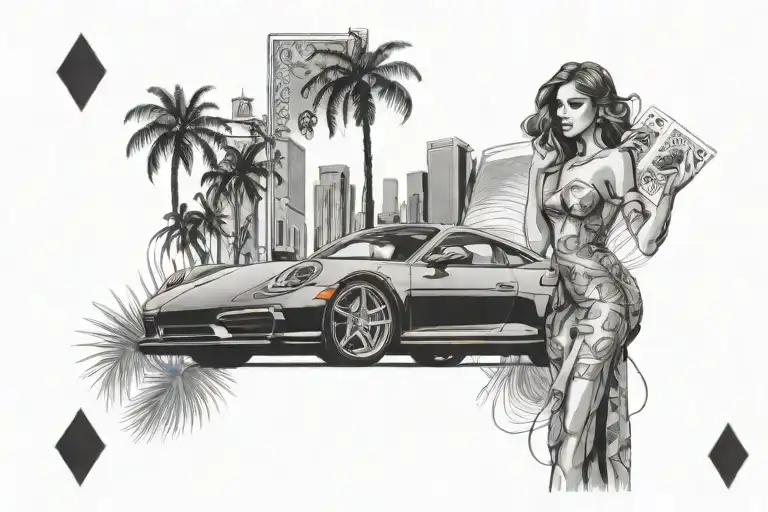 Skyscrapers and palm trees with a porche 911 and a beautiful woman in an elegant dress, two playing cards 7 7 tattoo design idea