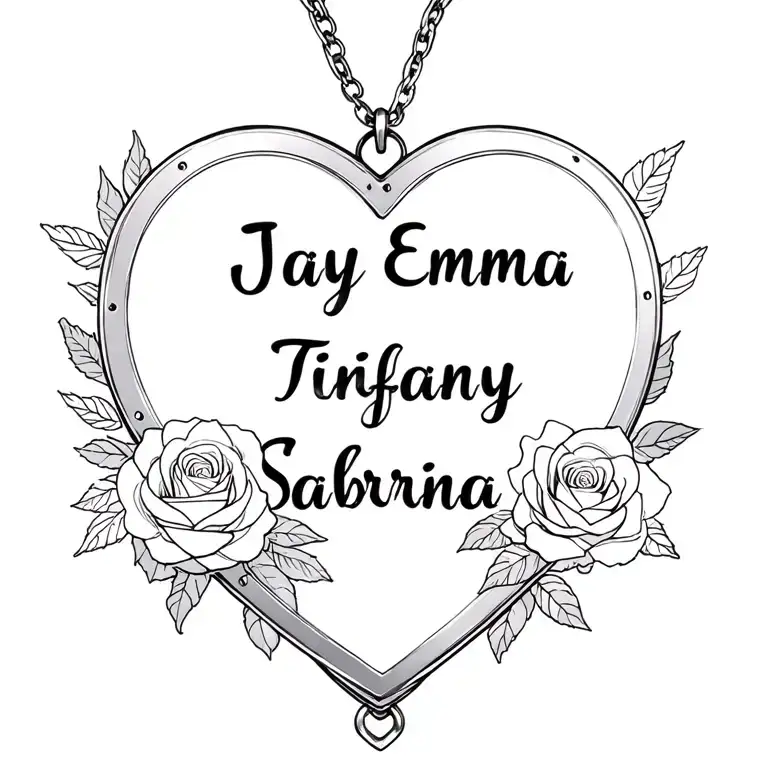"Jay Emma Tiffany Sabrina" heart shaped locket surrounded by roses tattoo design idea