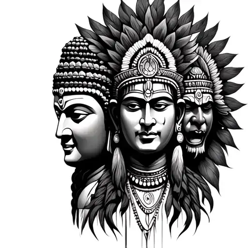 Indian shaman flanked by buddha head and demon head1 tattoo design idea
