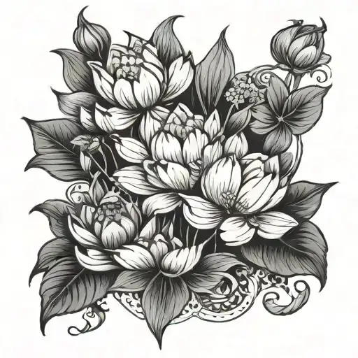 neo traditional lotus and poppy flowers with leaves for foot tattoo design idea