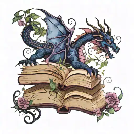 old books open book on top swirls of light coming out a dragon and vines with flowers in muted purples, blues and blacks tattoo design idea