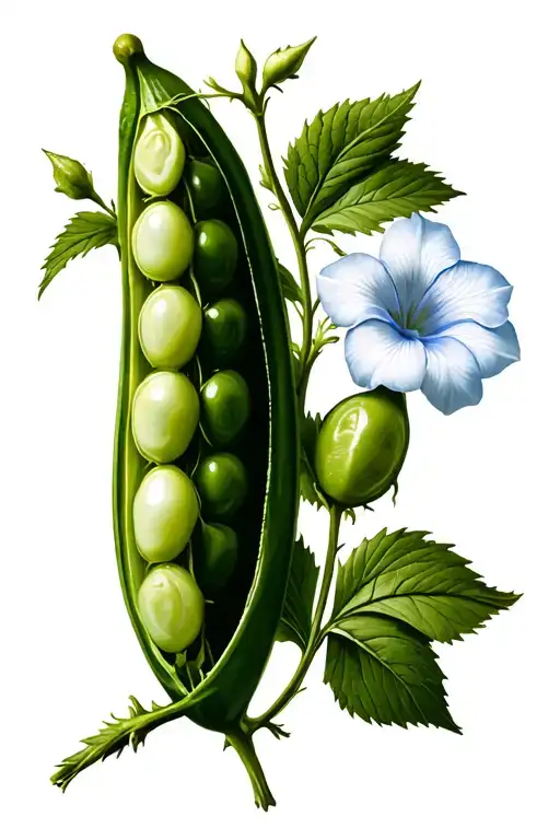 Create a tattoo with A pea pod with two peas, a hawthorn flower and a morning glory tattoo design idea
