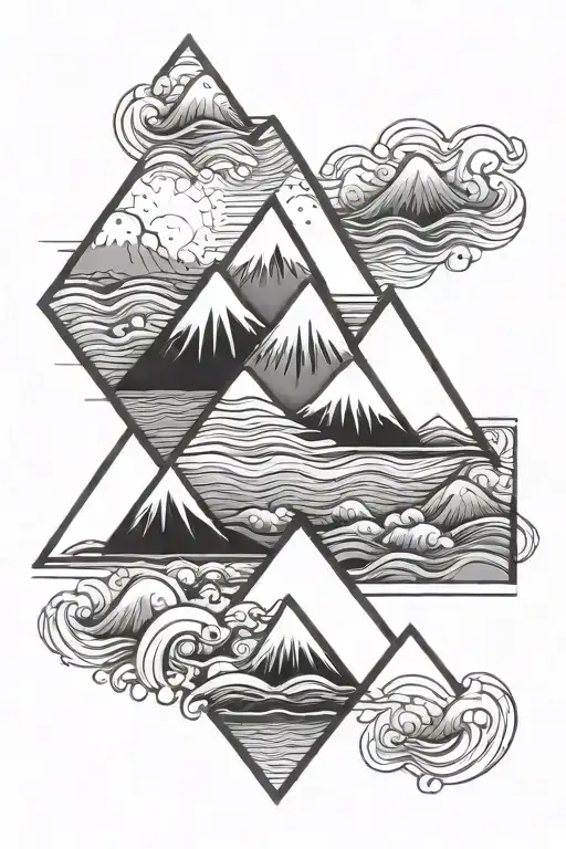 Geometric Triangles with Ocean, Mountain and waves in the triangles tattoo design idea