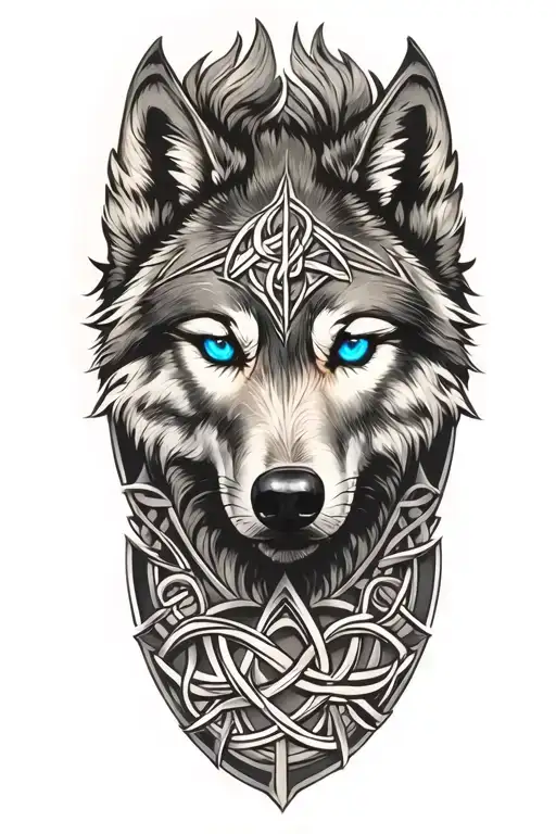 wolf with blue eyes on armor tattoo design featuring Celtic trinity knot  tattoo design idea