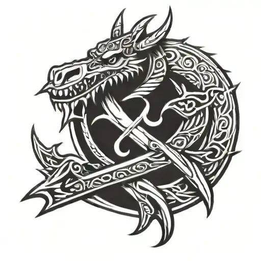 Viking runes on 2 axes crossed with dragon head in middle tattoo design idea