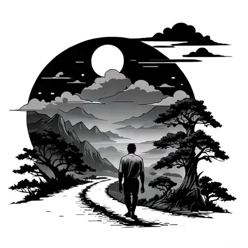 Man walking down a path to mountains and clouds with the sun high up along with japanese styled clouds and trees to go a tattoo design idea