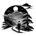 Man walking down a path to mountains and clouds with the sun high up along with japanese styled clouds and trees to go a tattoo design idea