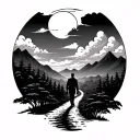 Man walking down a path to mountains and clouds with the sun high up along with japanese styled clouds and trees to go a tattoo design idea