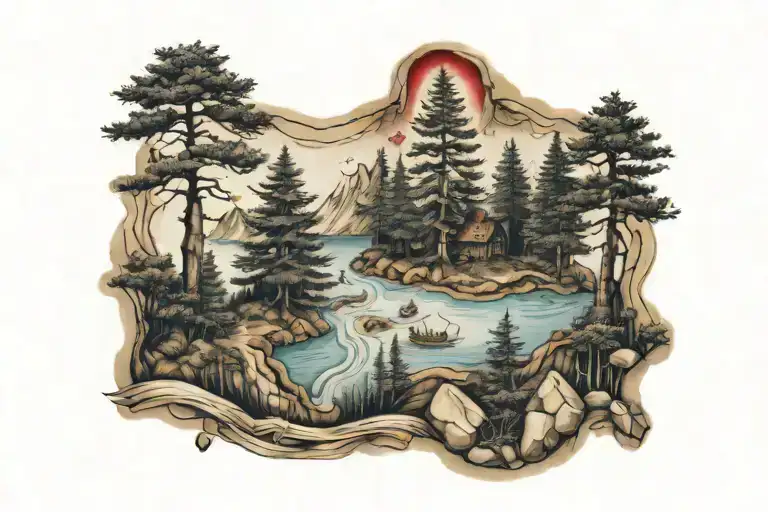 treasure map, pine trees, white and red jelly beans tattoo design idea