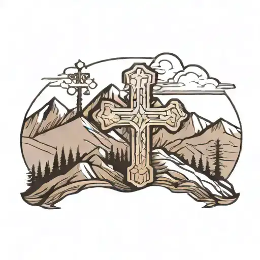 Wooden cross on moutain range outline tattoo tattoo design idea