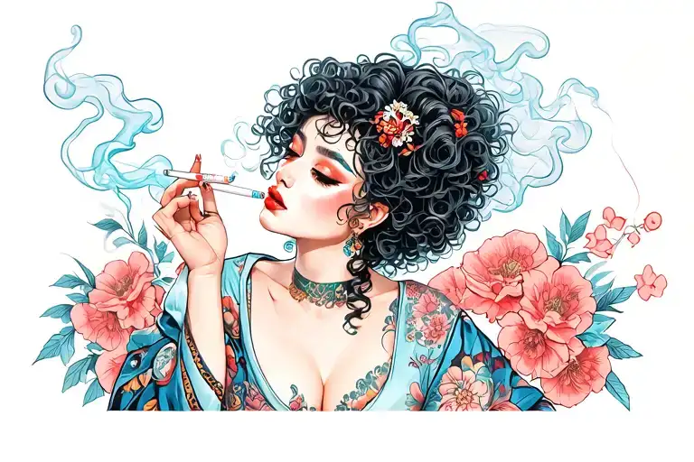 sexy girl, curly hair, baddie, smoke cigarettes fucked tattoo design idea
