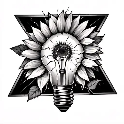 sunflower inside a broken light bulb with triangle around it tattoo design idea