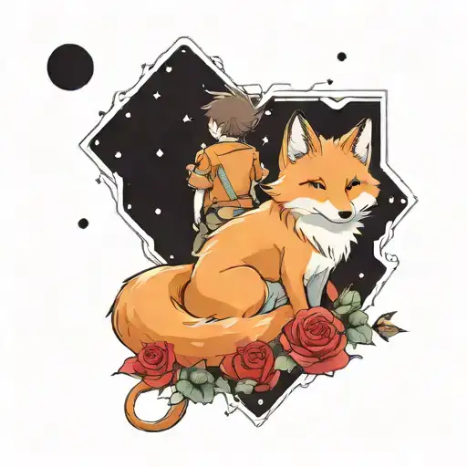 little prince, together with a rose, and a fox, side by side looking at the galaxy tattoo design idea