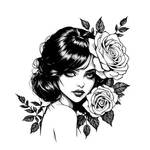 pin up goth girl behind roses tattoo design idea