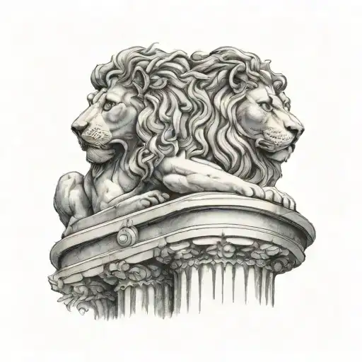 lion statue in profile on a roman column tattoo design idea