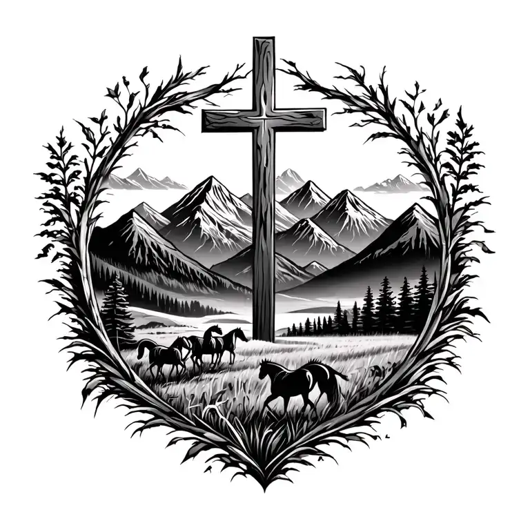 cross surrounded by mountains at the bottom and horses running in a field at the base of the mountains no border tattoo design idea