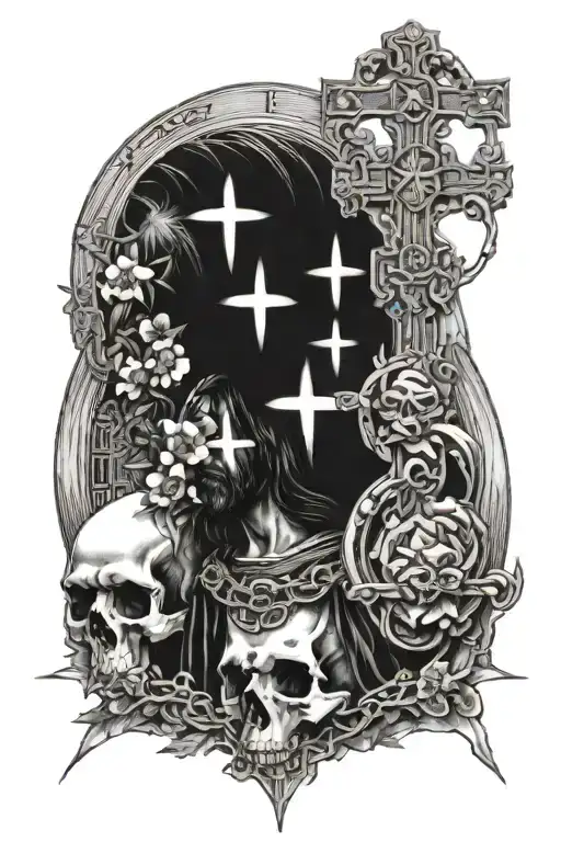 Jesus with a cross, woman with rosaries, date 1984, church dome, thorn, skull, hieroglyphs tattoo design idea
