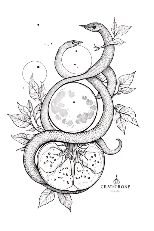 mother maiden crone,snakes,pomegranate,moon phases tattoo design idea