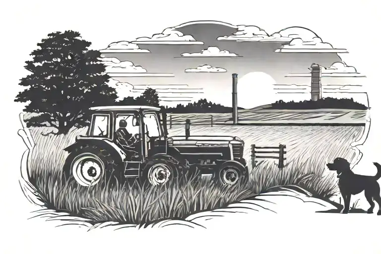 back and white sunset with tractor and dog sitting infront  tattoo design idea