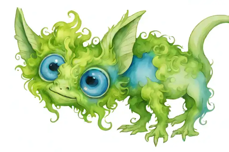 cute gremlin curly hair blue eyes looking standing upright  tattoo design idea