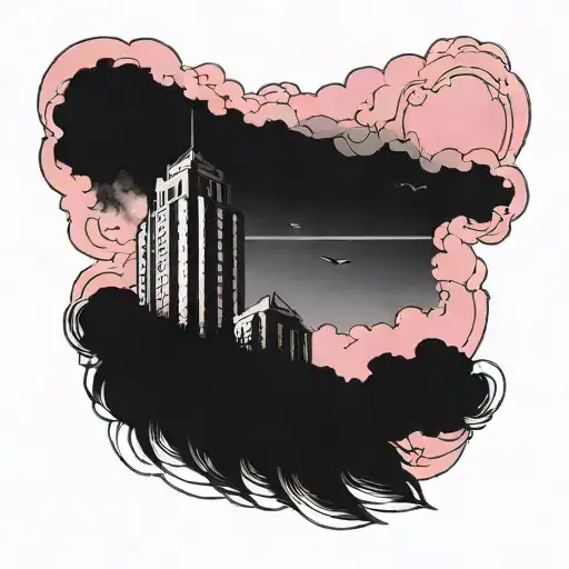 high-rise building against pink sky with clouds in sketch style tattoo design idea