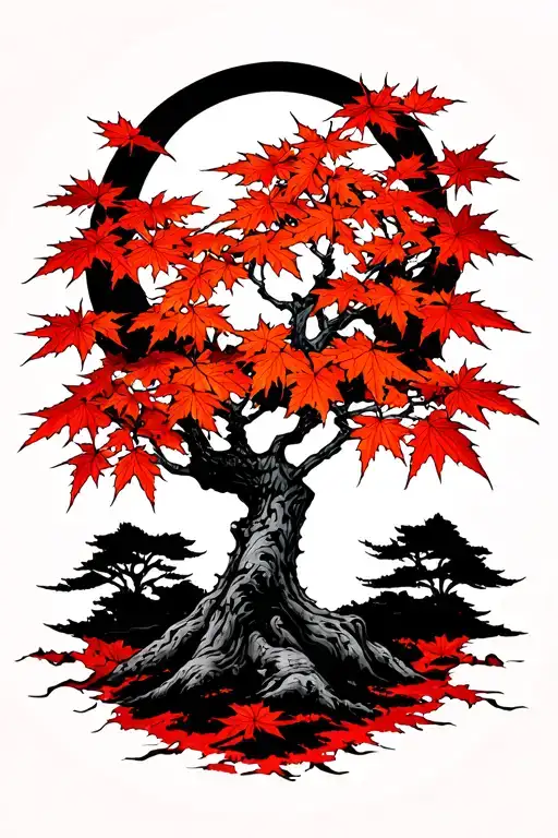 Japanese maple tree with leaves and a moon tattoo design idea