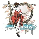 Geisha emerging from lake with a cherry blossom tree in the background tattoo design idea