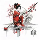 Geisha emerging from lake with a cherry blossom tree in the background tattoo design idea