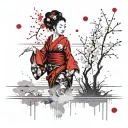 Geisha emerging from lake with a cherry blossom tree in the background tattoo design idea