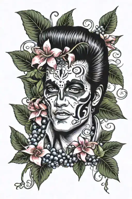 elvis presley as a skull wearing a lei of lillys surrounded by blueberries tattoo design idea