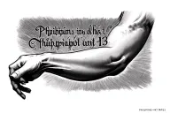 Make a outer forearm tattoo with Philippians 4:13 written tattoo design idea