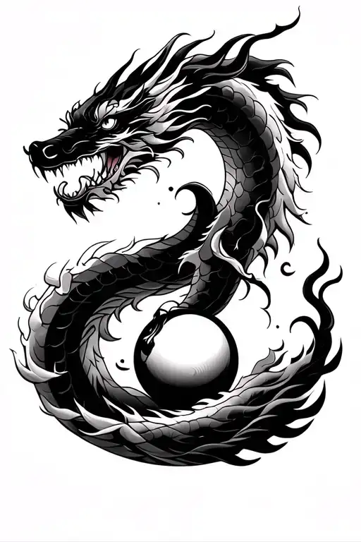 tradition japenese wave with 2 dragons opposite each side of a ball in the middle tattoo design idea