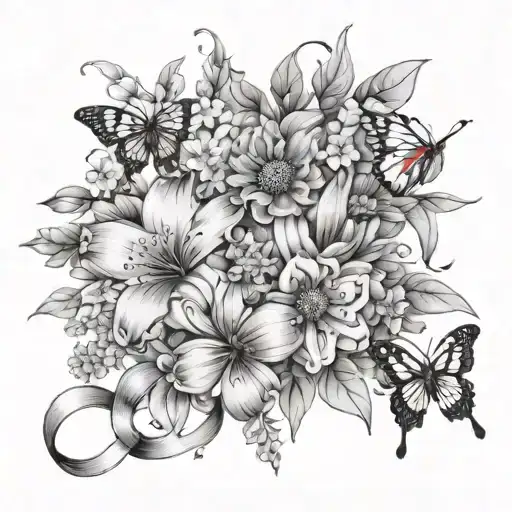 Tattoo design birth flower bouquet July, December, May, October, March, tied with infinity ribbon. 2 small butterflies  tattoo design idea