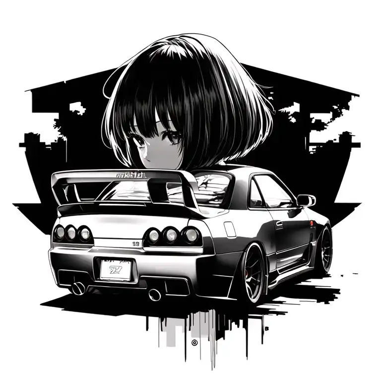 anime girl, side profile, intense gaze, bob haircut, Nissan Skyline R34 GTR rear view, black and white, line art, tattoo design idea