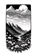 simple outline mountain scape with flowers in the valley tattoo design idea