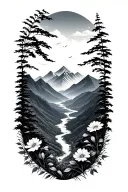 simple outline mountain scape with flowers in the valley tattoo design idea