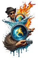 A unique design combining the four elements (earth, water, fire, air) into a cohesive and balanced gangster composition tattoo design idea