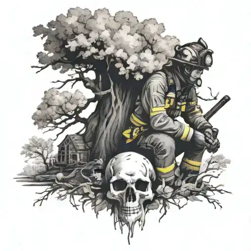 firefighter with skull for a face sitting below two oak trees  tattoo design idea
