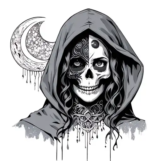 hooded gothic goddess with half human face and the other half as a skull with half moon in the center of the forehead tattoo design idea