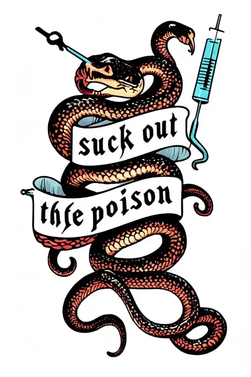 "suck out the poison" snakes and syringes. huge bold text tattoo design idea
