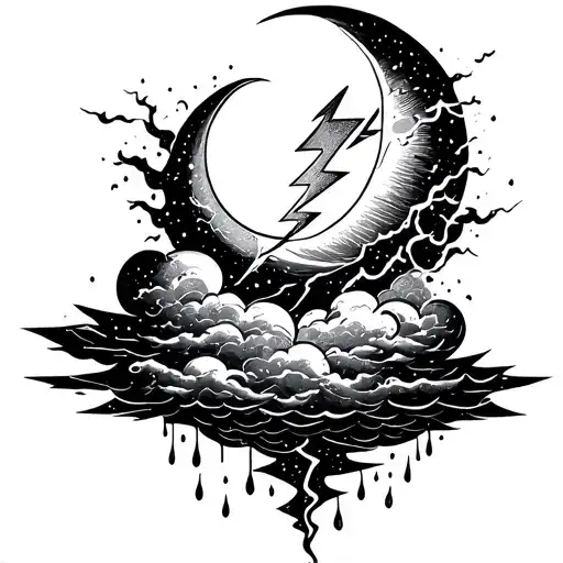 lightning storm cloud with rain and crescent moon tattoo design idea