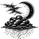 lightning storm cloud with rain and crescent moon tattoo design idea